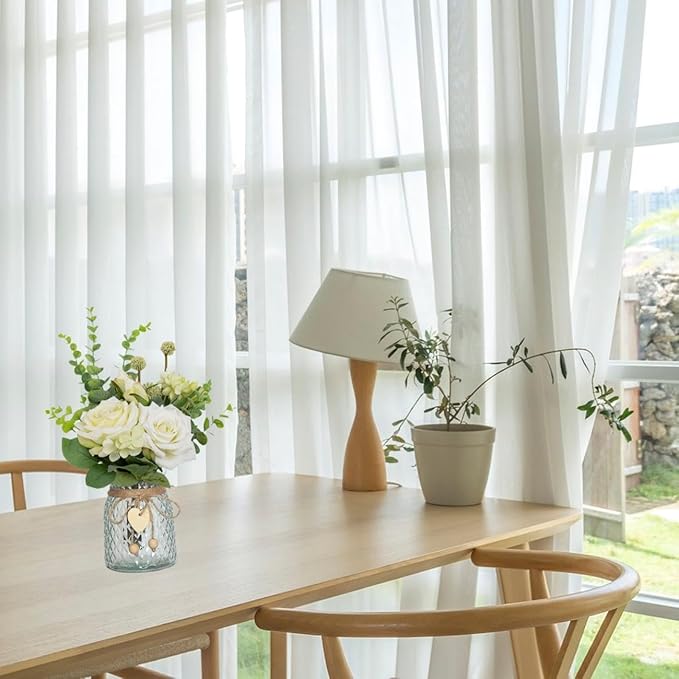 Artificial Fake Flowers in Vase, Faux Silk Roses Floral Hydrangea Bouquet with Vase, Table Centerpiece Decorations Wedding Bouquets for Party Office Farmhouse Kitchen Home Decor, White