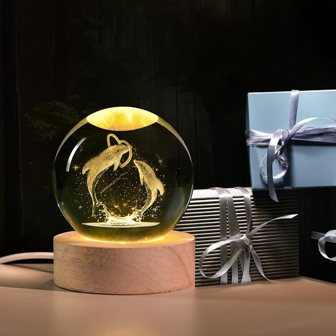 3D Laser Engraved Dolphin Crystal Ball, Romantic Dolphin & Heart LED Night Light, 60mm Sea Animal Figurines Decor Glass Sphere Lamp Gifts for Women Kids Mom
