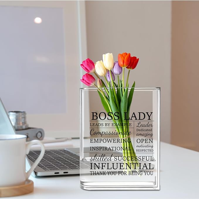 Boss Lady Bosses Day Gifts for Women Men Manager Funny Office Decor for Women Wooden Acrylic Book Flower Vase National Boss Day Decorations Gifts for Leader HR Men Manager Office Bookshelf Desk Decor