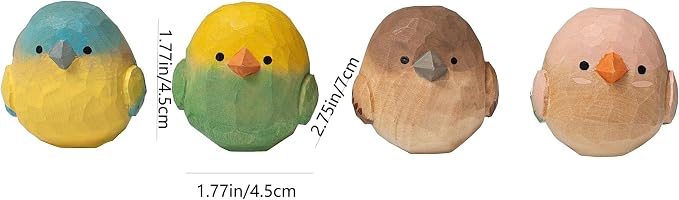 Hand-Carved Wooden Bird Figurines Set of 4 – Rustic Colorful Mini Birds Statues for Farmhouse Tabletop Décor, Cottage Chic Ornaments, Spring Decorations & Gift for Bird Lovers