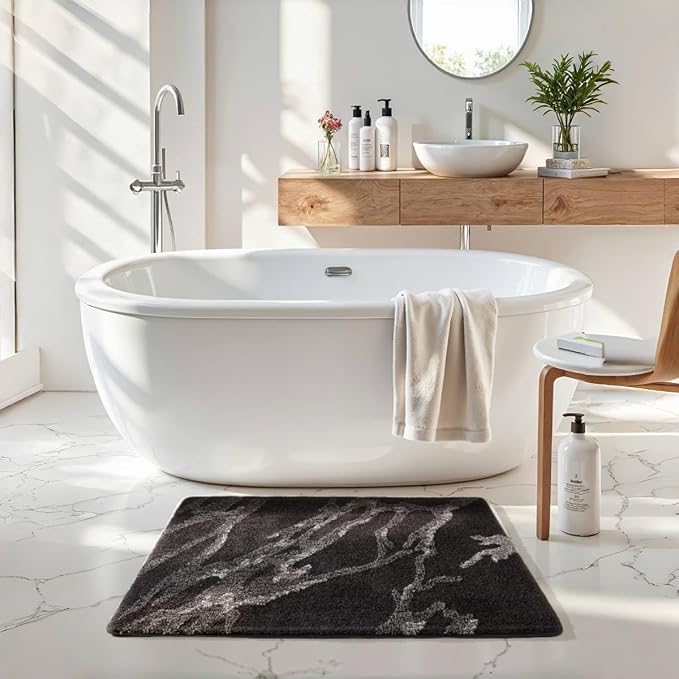 Ankah Luxurious Nordic Bathroom Rug, Extra Soft Fluffy Bath Mat, Absorbent, Non-Slip, Easy to Care and Fast Drying, Modern Style Marble Pattern Shower Rug, Home Decor Accessories, 17.3"x29.9", Black