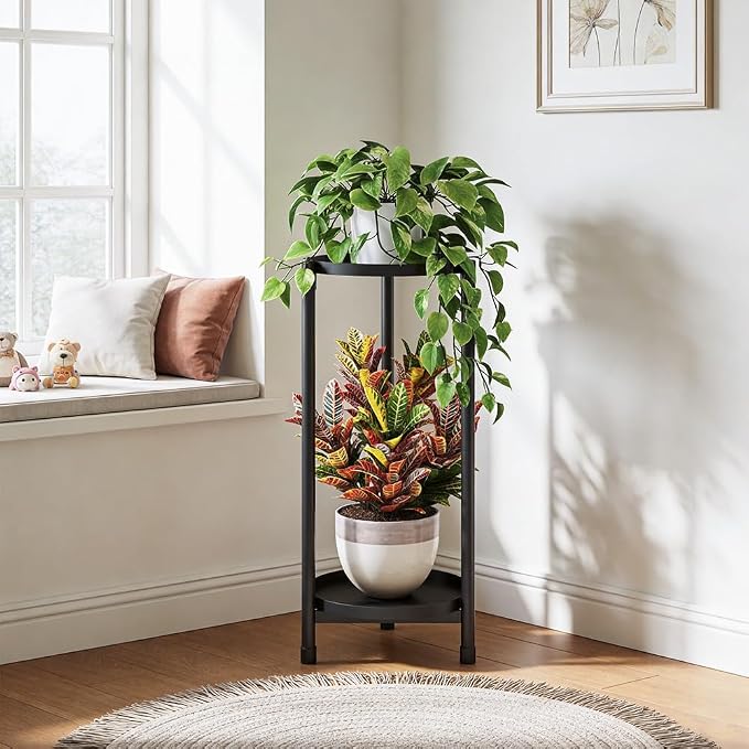 Plant Stand indoor outdoor - 2 Tier black Tall Metal Flower Pot Holder Potted Display Rack - Heavy Duty Corner Plant Shelf for Patio Garden Balcony Living Room Bedroom