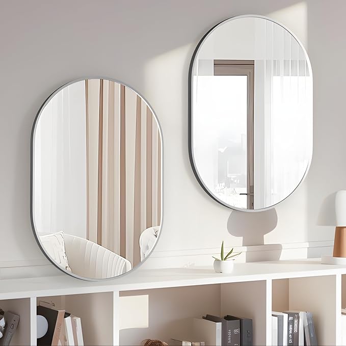 Oval Bathroom Mirror Capsule Wall Vanity Mirror, 24"x36" Pill Mirrors Wall Mounted Mirror, Large Modern Mirror with Silver Metal Frame, Decor for Entryway, Bedroom, Living Room