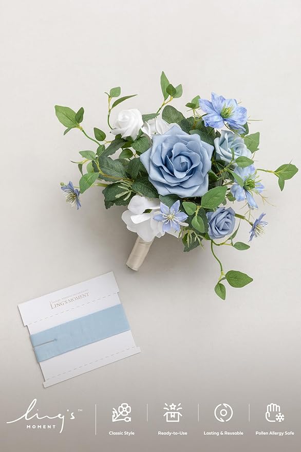 Ling's moment Bridesmaid Bouquet, Blue Wedding Bouquets for Bridesmaids, 7 Inch Bridal Bouquets for Bridesmaids, Wedding, Ceremony, Anniversary, etc.