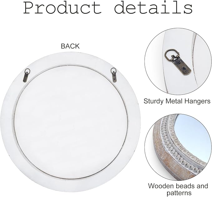 24'' Round Wall Mounted Mirror, Wood Decorative Circle Mirrors, Boho Mirrors with Beaded Frame, Rustic Vanity Mirror, Distressed Mirror for Bathroom, Living Room, Bedroom, Entryway