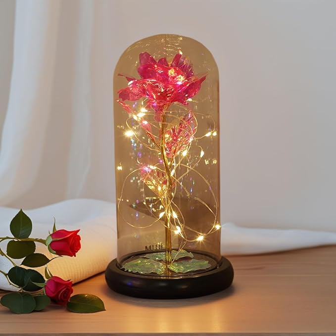 Eternal Glass Rose in Display Dome | Glass Flower with Colorful Base, A Perfect Romantic Gift for Valentine's Day, Mother's Day, Birthday & Christmas for Her