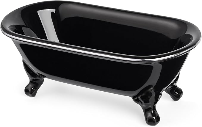 6.5" Ceramic Mini Decorative Clawfoot Bathtub Bar Soap Dish, Kitchen Sponge Holder and Shower Tray for Bathroom, 1 Pack (Black Silver Rim)