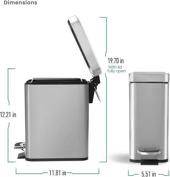 Home Zone Living 2-Pack 1.3 Gallon Small Bathroom Trash Can with Lid and Step Pedal, Stainless Steel Wastebasket with Slim Design for Home and Office, Silver, 5 Liters