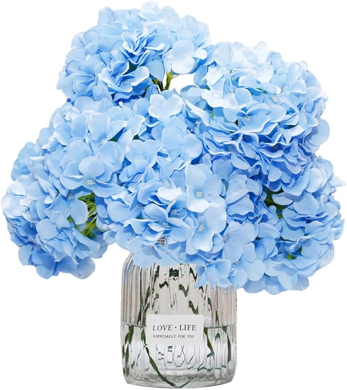 DuHouse Artificial Hydrangea Silk Flower Heads with Stem Fake Blue Hydrangea Bigger Flowers for Wedding Home Garden Centerpiece Pack of 6