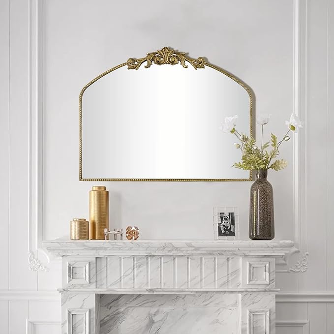 Gold Arched Vintage Mirror 40"X31", Antique Mantel Wall Mirror with Ornate Metal Frame, Victorian Dress Baroque Decor for Entryway/Fireplace/Living Room/Hallway/Bathroom/Bedroom