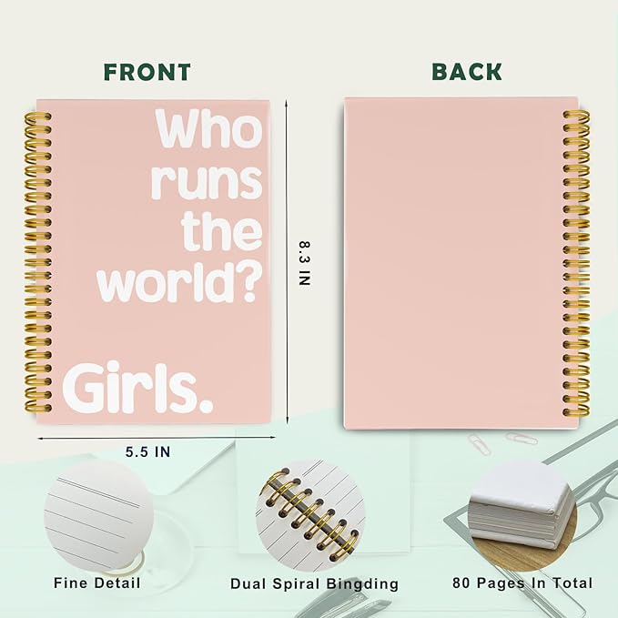 JKMBN Who Runs The World Journaling Notebooks, Pink Preppy Spiral Notebook, Inspirational Gifts for Women Teen Girls, Hardcover Spiral Notebooks College Ruled 5.5 x 8.3