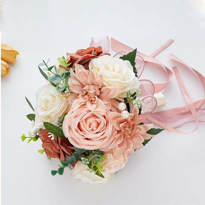 CYANLUX Wedding Bouquets for Bride Bridesmaid Bouquet Champagne White Artificial Roses Flowers for Wedding Valentine's Day Church Home Decoration… (Pink)