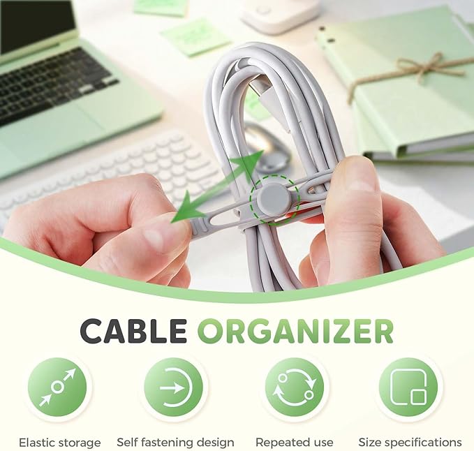 Data Cable Organizer, 2025 New Silicone Cable Ties Cable Management Organizer, 106mm Reusable Cord Organizers, Colorful Wire Organizers for Cords (10)