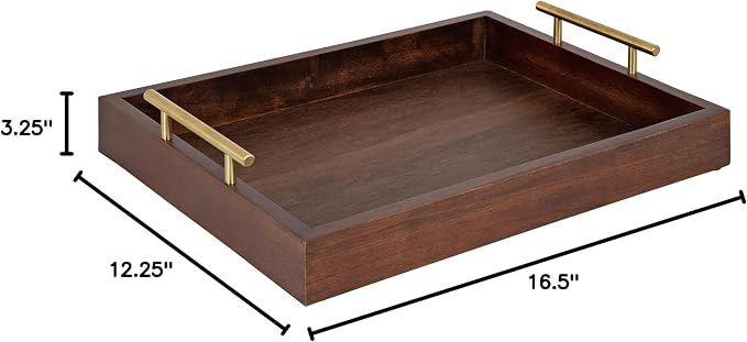 Kate and Laurel Lipton Decorative Wooden Tray with Metal Gold Handles, 16.5" x 12.25", Dark Walnut Brown and Gold