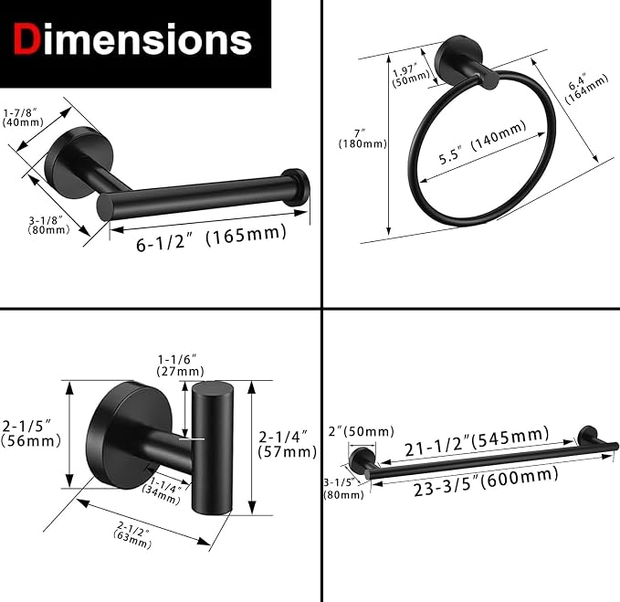 5 Pieces Matte Black Bathroom Hardware Accessories Set, SUS304 Stainless Steel 24 Inch Bath Towel Bar Set, Round Bathroom Towel Holder Set, Towel Racks for Bathroom Wall Mounted