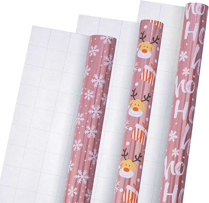 LeZakaa Christmas Wrapping Paper Bundle - Mini Roll with Bow, Ribbon, Sticker and Gift Tag - Pink Metallic Foil Design with Snowflakes/Santa Claus/HO Print -17 x 120 inches -3 Rolls(42.5 sq.ft.ttl.)