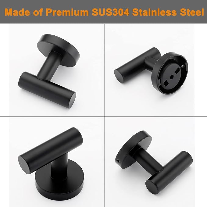 Nolimas Towel Coat Hook Matte Black SUS304 Stainless Steel Bathroom Clothes Cabinet Closet Sponges Robe Hook Wall Mounted Round Kitchen Heavy Duty Door Hanger 6 Packs