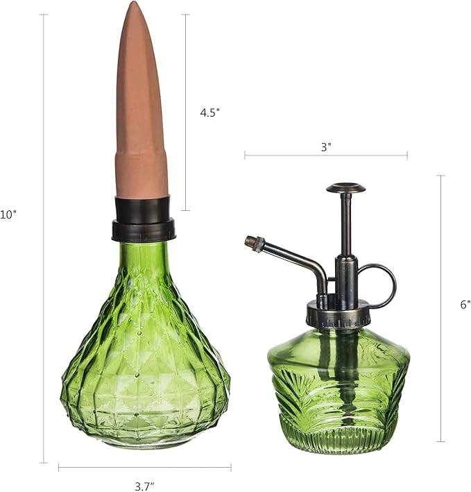 Glass Mini Watering Can Vintage Plant Mister Flower Water Spray Bottle and Faceted Glass Plant Watering Globe with Terracotta Spike, Plant Watering Gift Set,Green