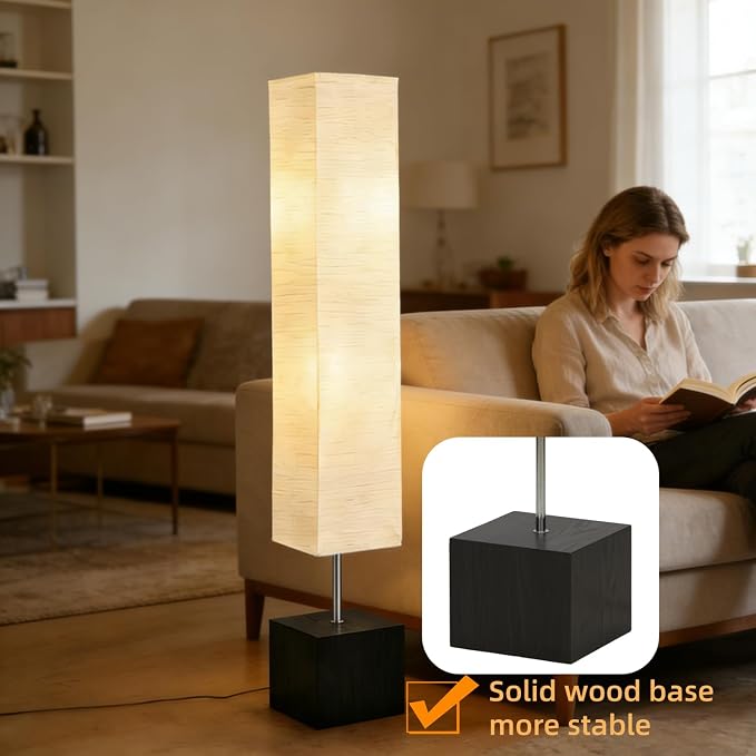 46" Floor Lamp, Modern Standing Lamp with Solid Wood Base & Xuan Paper Shade, Tall Reading Light with Foot Pedal Switch, E26 Bulb Compatible, Ideal for Bedroom, Living Room, Study