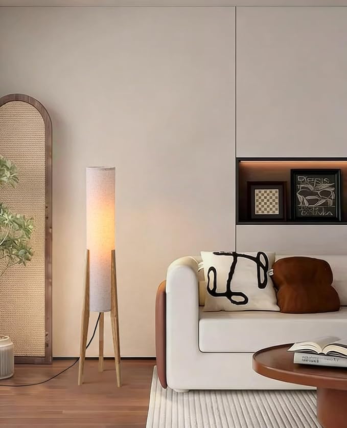 Natural Wood Tripod Floor Lamp, 48.8 in High Vintage Style Cylinder Floor Lamp with White Fabric Lampshade, Mid Century Modern Floor Lamp for Bedroom Living Room Home Office (Natural)