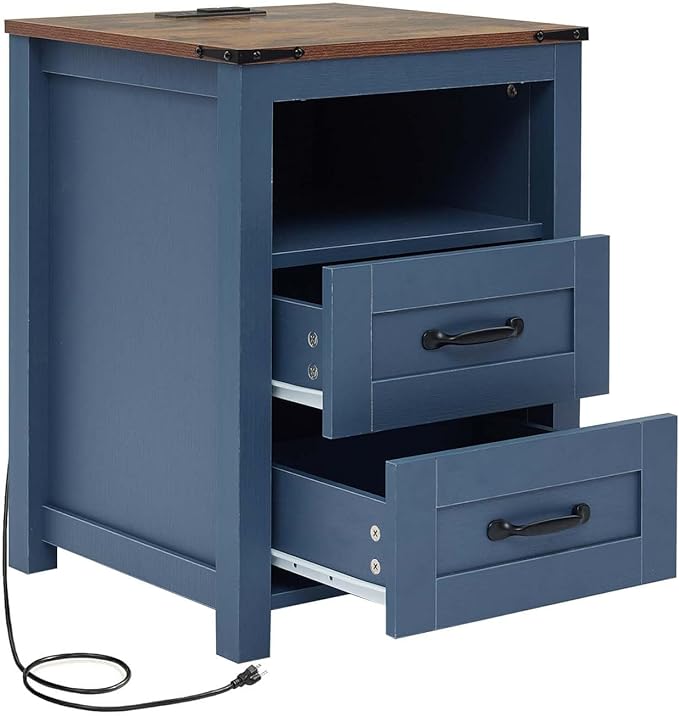 Farmhouse Night Stand, Rustic Blue Nightstand for Bedroom, End Tables with Charging Station, Bedside Table with Drawers, Wood Bedside Cabinet Dresser