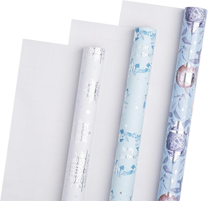 LeZakaa Blue Christmas Wrapping Paper Mini Roll, Silver Blue Winter Ornaments, Floral Wreath, Snowflake Holiday Gift Wrap, Arts Craft, for Xmas Winter Party Men Women, 17 x 120 inches, 3 Rolls
