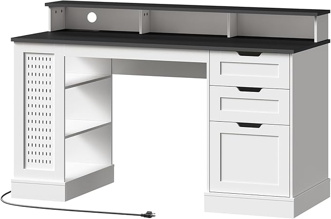 55-Inch Farmhouse Executive Desk with 2 Drawers and File Cabinet, Computer Desk with 3-Tier Storage Shelves, Home Office Desk with Charging Station, Pegboard and Monitor Shelf, White and Black