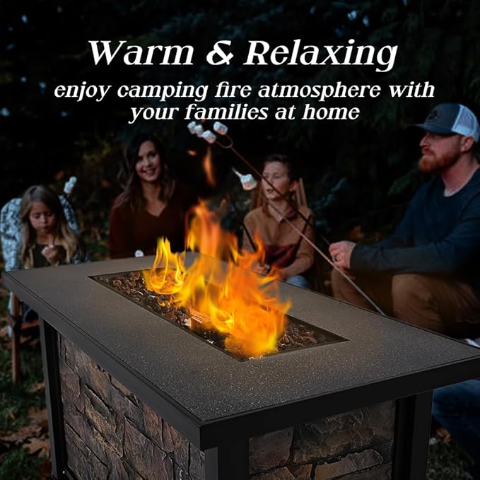 YATEMATE 48" Fire Table with Metal Top, Propane Gas Fire Pit Table, Rectangular Fire Table, 50,000 BTU for Outdoor Use, Including Metal Lid, Lava Rocks & Rain Cover
