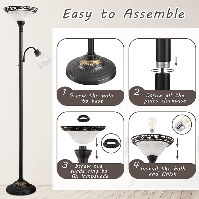 Floor Lamps for Living Room, 70" Floor Lamp Standing Torchiere Lamp with Etched Glass Shade, Metal Pole & Heavy Base, Vintage Tall Corner Lamp Decor for Bedroom, Living Room, Office. No Bulbs (2 Head)