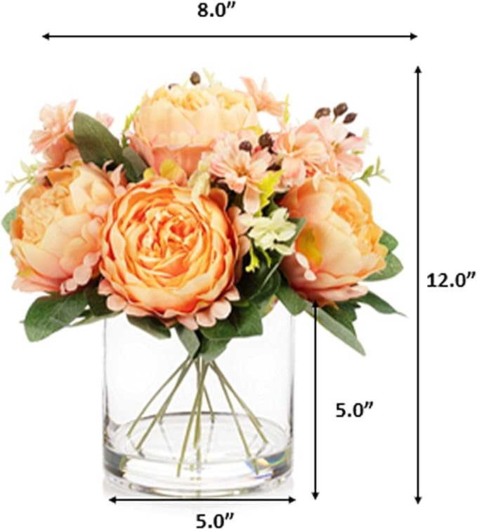 ENOVA FLORAL Artificial Flower Arrangement with Vase,Mixed Artificial Fake Silk Peony Flower in Vase for Decoration Home Office, Wedding Centerpiece (Orange01)
