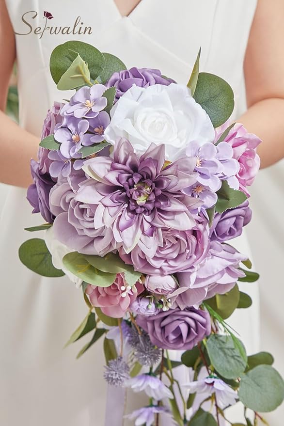 Serwalin 9.8 Inch Wedding Bouquets for Bride Bridesmaid, Purple Dahlia Bridal Bouquets for Bride, Wedding Flowers Bouquet Tossing Bouquet, Wedding Ceremony and Anniversary Decoration