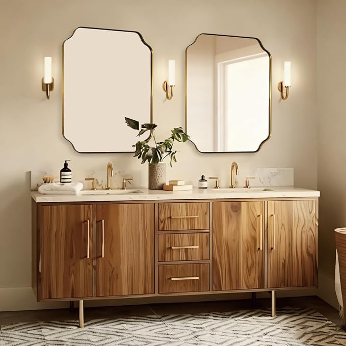 ANDY STAR 30"x36" Gold Bathroom Mirror, Brushed Brass Rectangle Mirror for Bathroom, Scalloped Vanity Mirror in Anti-Rust Stainless Steel Metal Thin Frame, Wall Mount Vertical or Horizontal