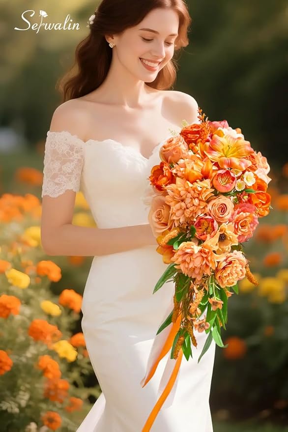 Serwalin 11 Inch Wedding Bouquets for Bride Bridesmaid,Fall Cascading Orange Bridal Bouquets for Bride,Wedding Ceremony and Anniversary Day Decor