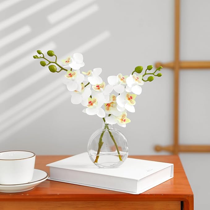 Artificial Orchid White Artificial Flower 10 in Small Fake Plant Table Shelf Decor Flower with Vase Fake Water