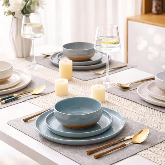 AmorArc Ceramic Dinnerware Sets for 4, 12 Pieces Handpainted Plates and Bowls Set with Rustic Terracotta Underside, Scratch Resistant Stoneware Dishes Set, Dishwasher & Microwave Safe, Multi-Color