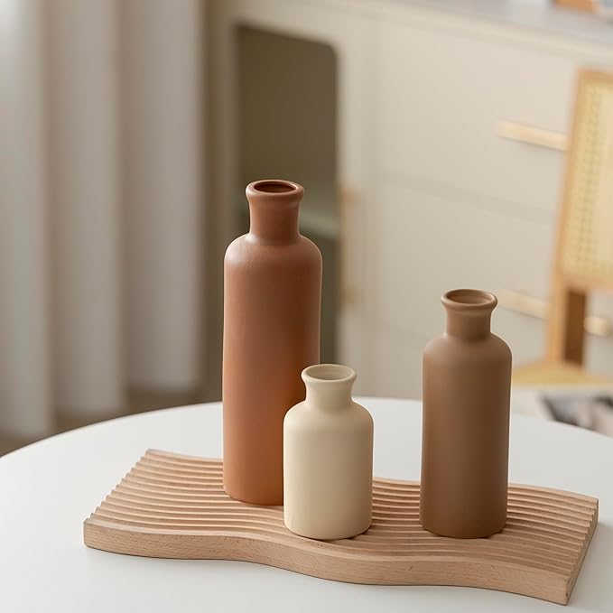 Modern Ceramic Vase Set of 3, Neutral Colors, Decorative Bottles for Home, Earth Tone Farmhouse Rustic Decor, Housewarming Gifts, Wedding Gifts, Birthday Gifts for Women(Coffee Mix)