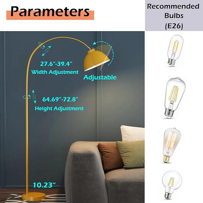 MIXL-Modern Arc Yellow Floor Lamp,Tall Reading Lamps Floor Standing,Adjustable Macaron Color Floor Lamps for Living Room Bedroom and Office