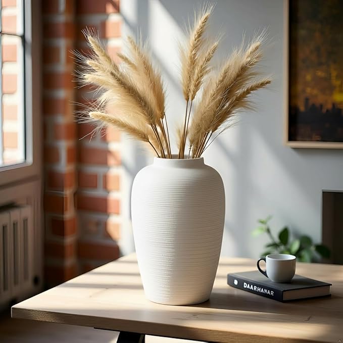 Large Ceramic Vase, 10.24 inch Minimalist Vase for Home Decor, Handmade Farmhouse Flower Vase for Table Centerpiece, Wedding, Living Room, Kitchen Decoration, Shelf Decor (Rice White)