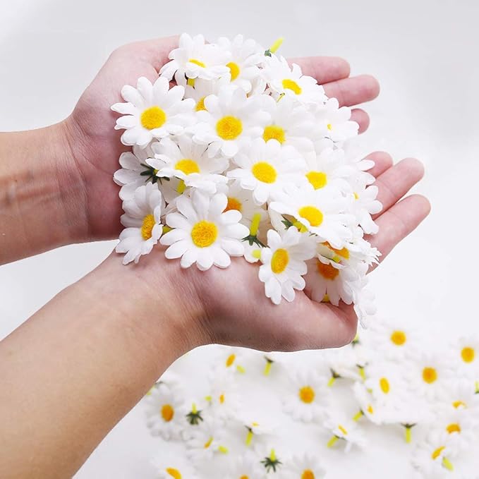JOHOUSE 200PCS Silk Daisy Flower Heads for DIY Crafts - 1.5 Inch Gerbera Chrysanthemum Artificial Daisies for Bouquets, Baby Showers, Wedding & Home Decor