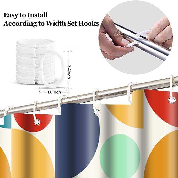 Vintage Colorful Rainbow Mid Century Shower Curtain Modern Abstract Geometric Art Bathroom Curtain Decor 72x72 Inch Washable Fabric Bright Retro Boho Circle Patterned Bath Curtain with 12 Hooks