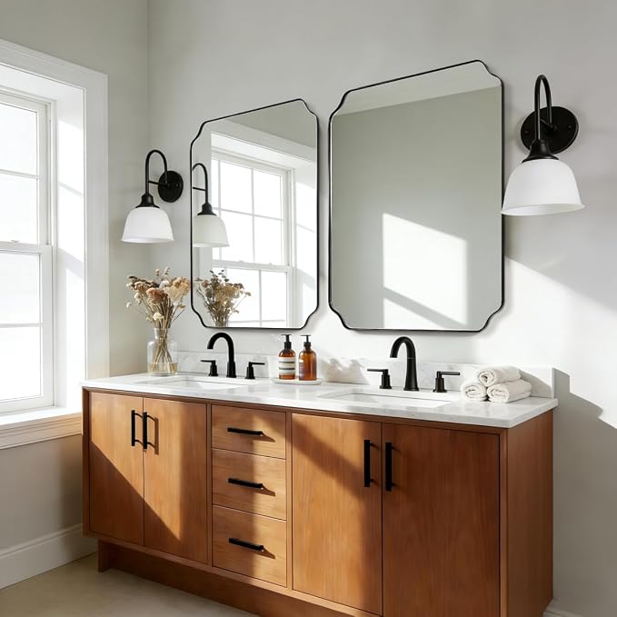 ANDY STAR 36x40 Inch Bathroom Mirror, Large Black Vanity Mirror for Wall, Modern Scalloped Mirror in Premium Stainless Steel Metal Thin Frame, Unique Rounded Notched Corners, Vertically/Horizontally