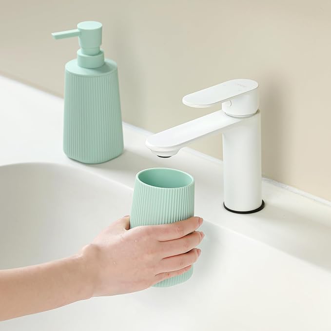 YAUKPH Bathroom Accessories Set 2 Piece Soap Dispenser and Toothbrush Holder for Bathroom Countertop Striped Green
