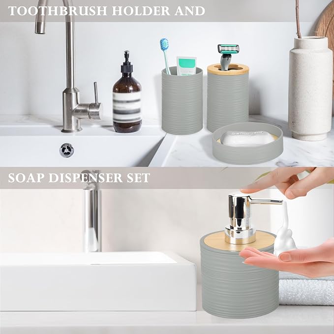 4 Pieces Bamboo Bathroom Accessories Set, Bathroom Accessory Set with Soap Dispenser and Toothbrush Holder, Soap Dish and Toothbrush Cup, Boho Bathroom Decor(Grey)