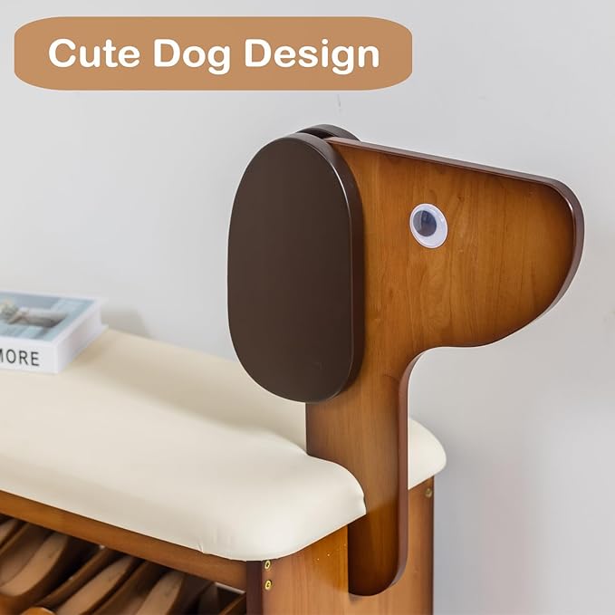SOBIBO Shoe Bench with Cushion, 2-Tier Dog Entryway Bench Cute, Wood Shoe Rack Bench,19.69 inches