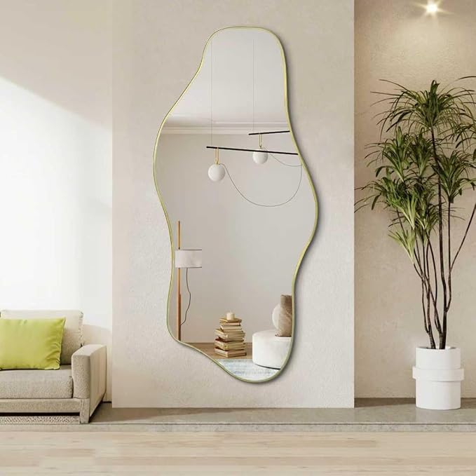 Irregular Full Length Mirror, 67"x31" Large Asymmetrical Tempered Glass Mirror, Gold Organic Frameless Wall Mirrors for Entryway Hallway Bedroom Living Room, Horizontal or Vertical Hanging