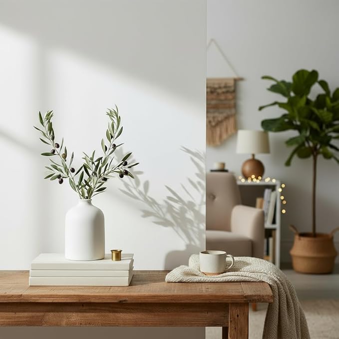 White Ceramic Vase - 7 Inch Tall - Large, Minimalist Modern Home Decor, Decorative Object - Centerpiece, Coffee Table, Living Room, Bookshelf, Office, Entryway, Console, Wedding, Flowers, Olive Plant