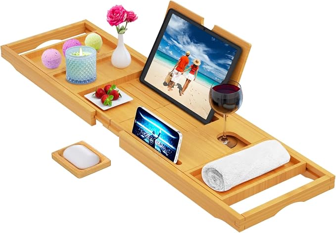 Premium Bathtub Tray Caddy - Bath Tray Bamboo Expandable - Bath Tub Tray Table for Bathtub - Expandable Size, Fits Most Bath Tubs - Natural Bamboo Wood