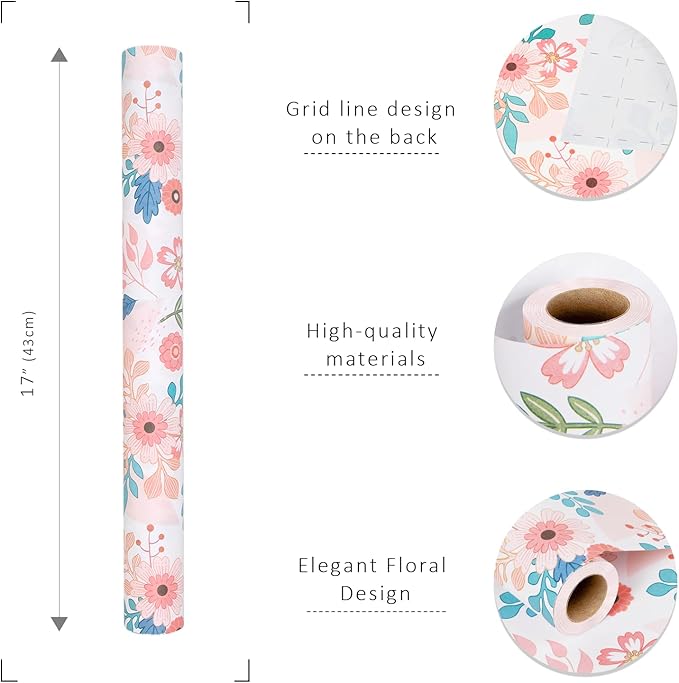 BIOBROWN Kraft Floral Wrapping Paper Roll - 17 Inches X 33 Feet (47 sq. ft. ttl.) Pink Pastel Daisy Design Flower Gift Wrap for Wedding, Bridal Shower, Birthday
