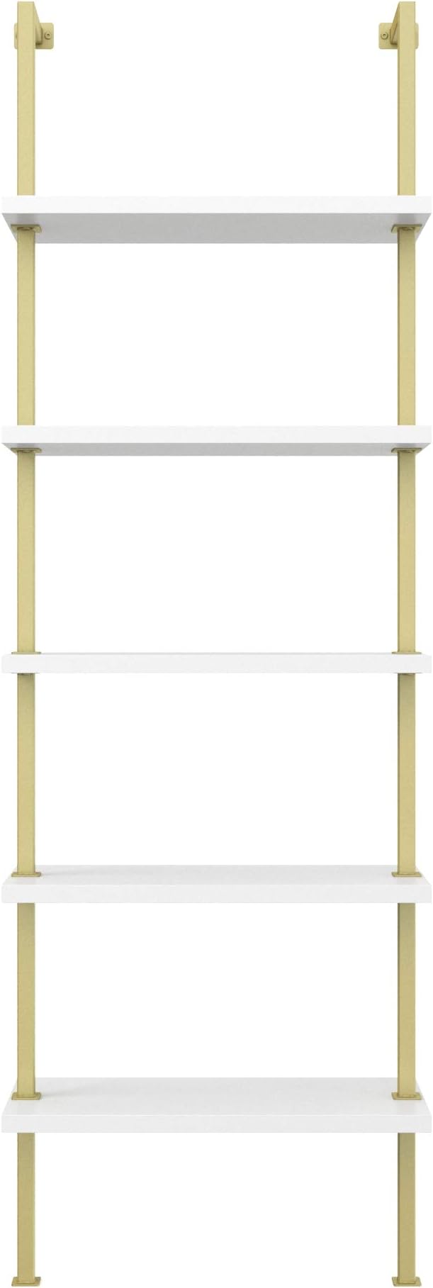 Nathan James Theo 5-Shelf Modern Bookcase, Open Wall Mount Ladder Bookshelf with Industrial Metal Frame, White/Gold