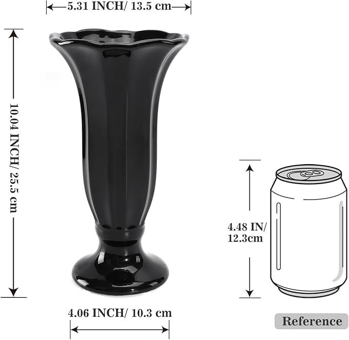 Black Fluted Ceramic Vase with Pedestal Base, 10 Inch Tall Modern Flower Vase for Dining Table Decor, Centerpieces, Countertops, Decorative Vases for Home Decor, Living Room, Kitchen, Wedding